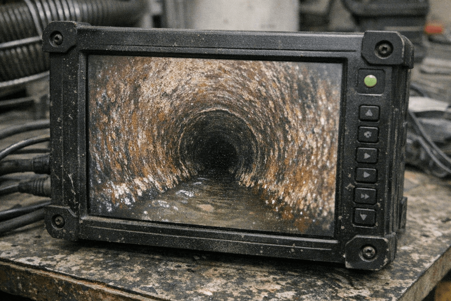 Aufgeschnittenes Rohrstück mit spanenden Ablagerungen auf einer Arbeitsfläche