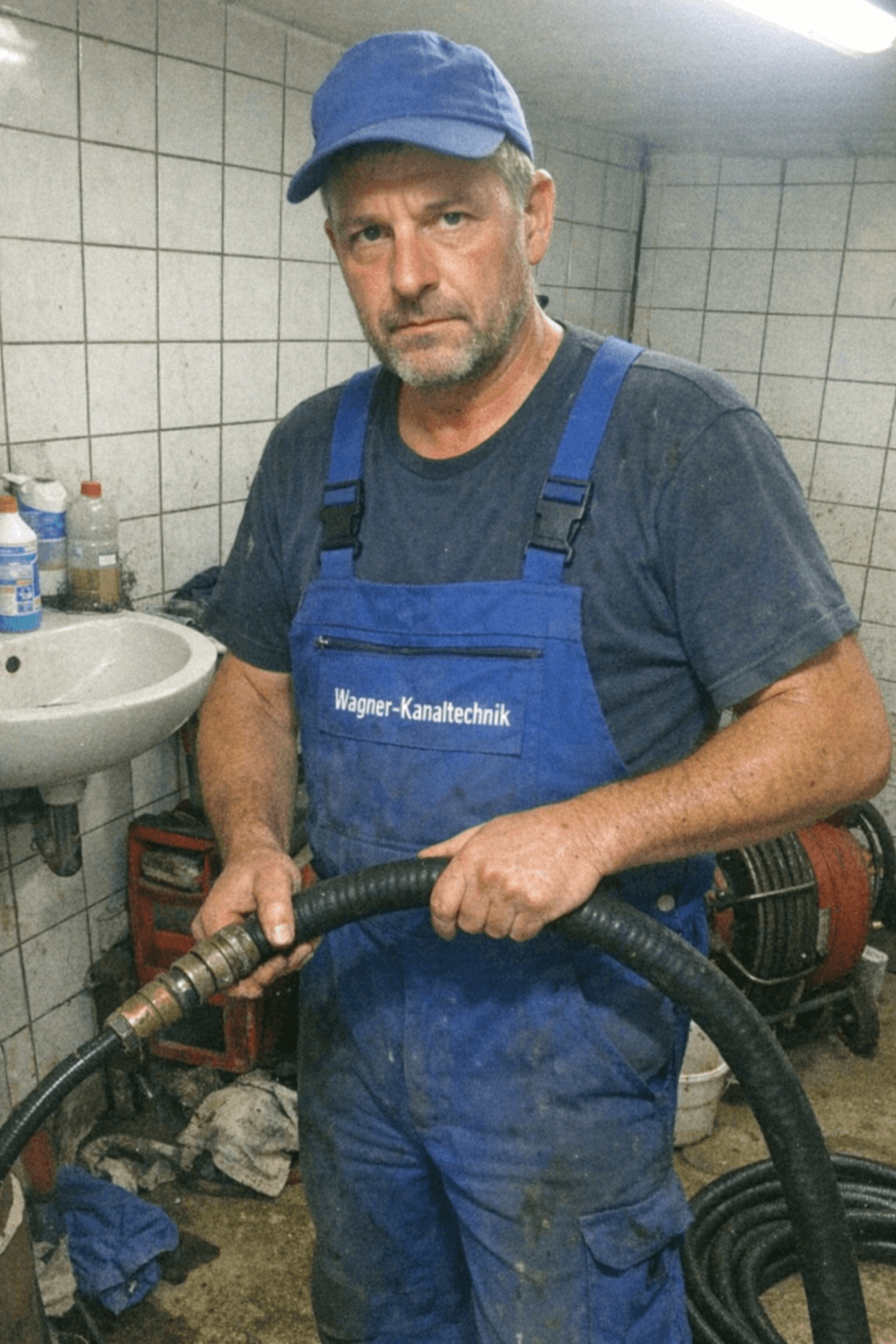 Techniker prüft eine Rohroberfläche im Kellerbereich, daneben ein Einsatzfahrzeug mit Equipment